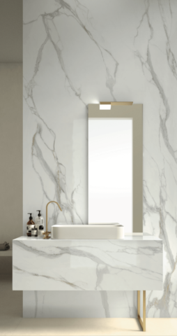 Infinity Bathroom Bagno porcelain countertops Calacatta Oro