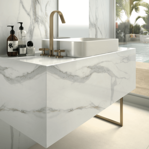 Infinity Bathroom Bagno porcelain countertops Calacatta Oro