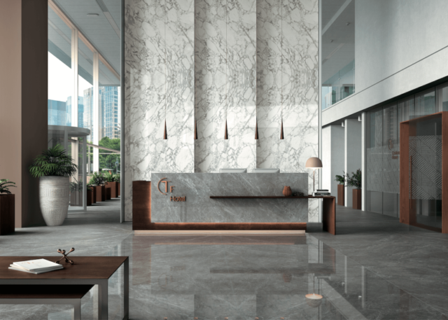Infinity Lobby Cersaie porcelain countertops Calacatta Arabescato & Tundra Select