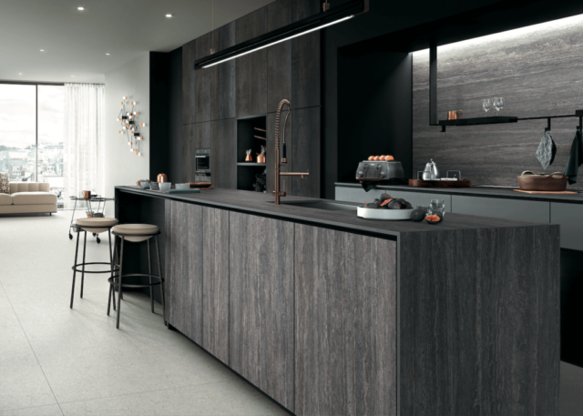 Infinity Cersaie Cucina porcelain countertops Tavertino Grey