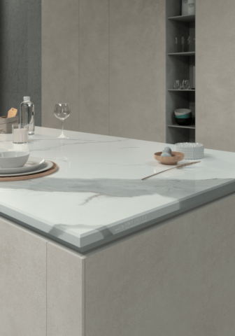 Infinity Cersaie Kitchen porcelain countertops Classic Statuario