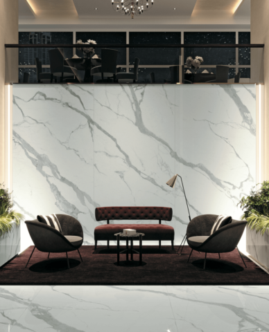 Infinity Hotel porcelain countertops Classic Statuario