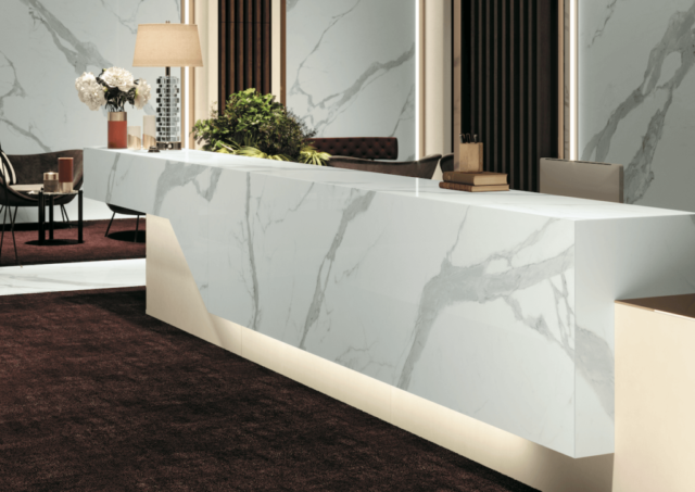 Infinity Hotel porcelain countertops Classic Statuario
